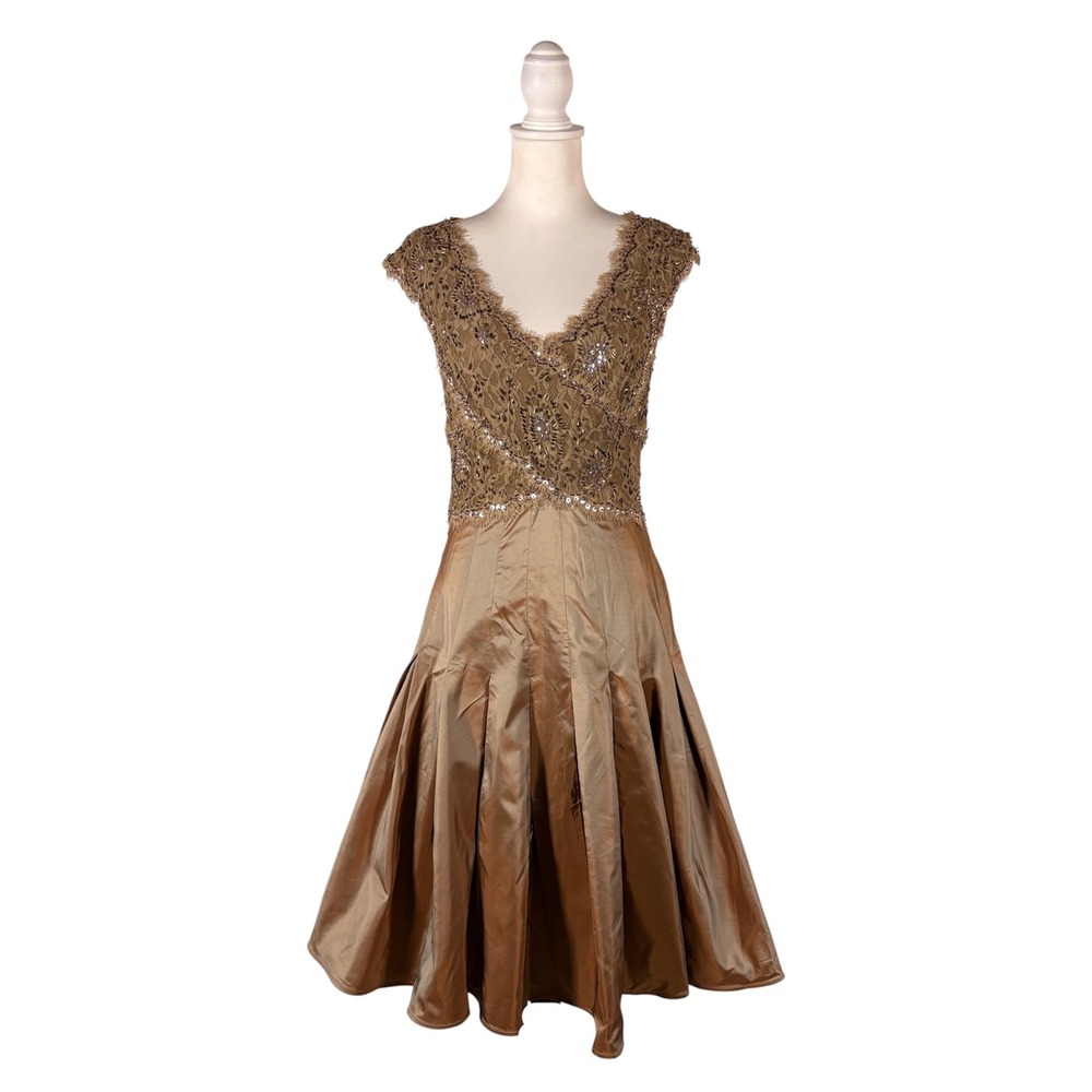 Y2K Tadashi Shoji Bronze Lacr Dress 8 Old Hollywood Regency Fairy Grunge Chic